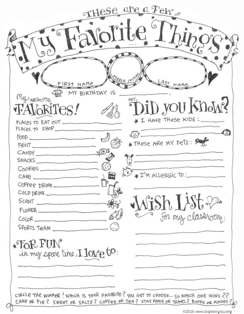 Teacher Favorite Things Questionnaire Printable | Skip To My Lou regarding Teachers Favorite Things Form Printable