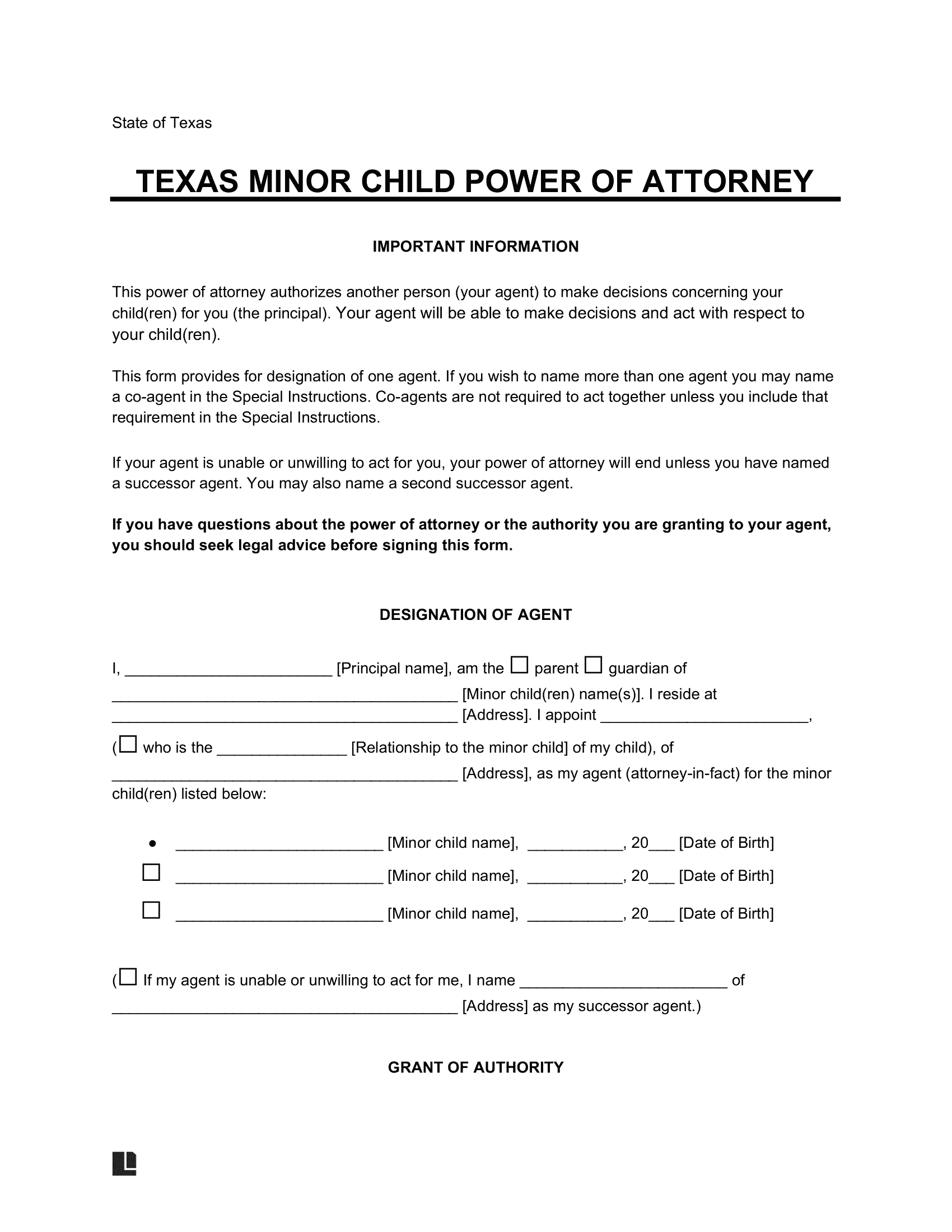 Texas Minor (Child) Power Of Attorney Form Template | Fill Online throughout Free Printable Power of Attorney For Minor Child Texas