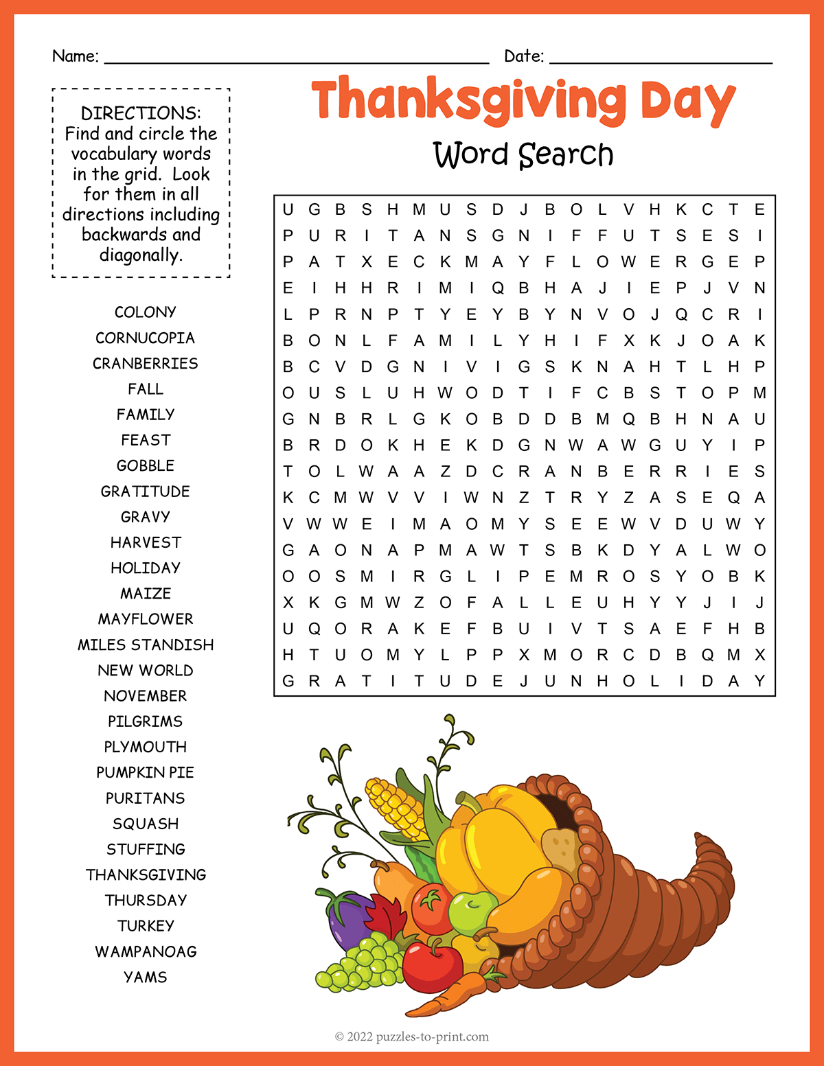 Thanksgiving Word Search with regard to Free Printable Word Search For Thanksgiving