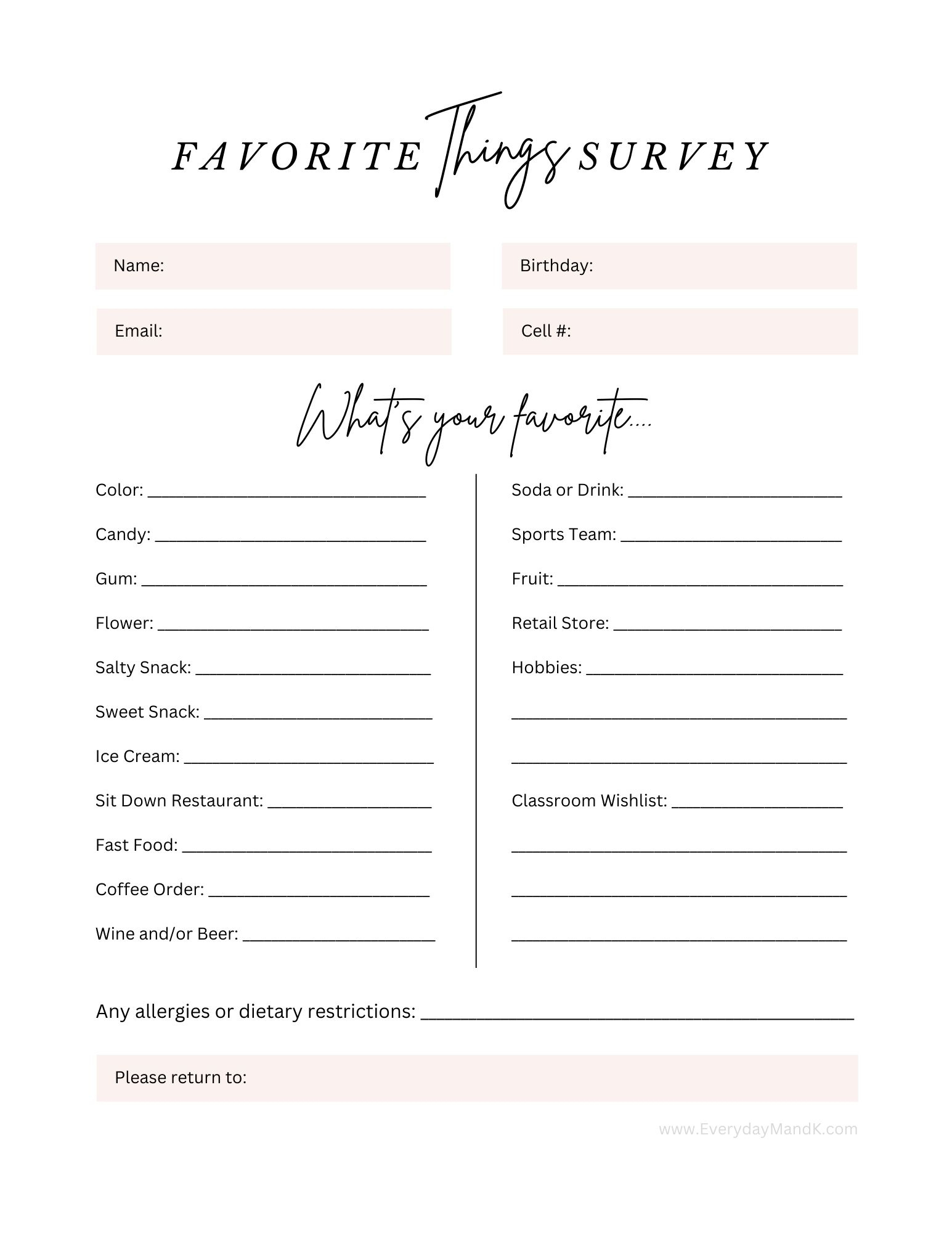 This Teacher 'Favorite Things' Survey Is A Great Tool For Parents for Teacher Favorite Things Form Free Printable